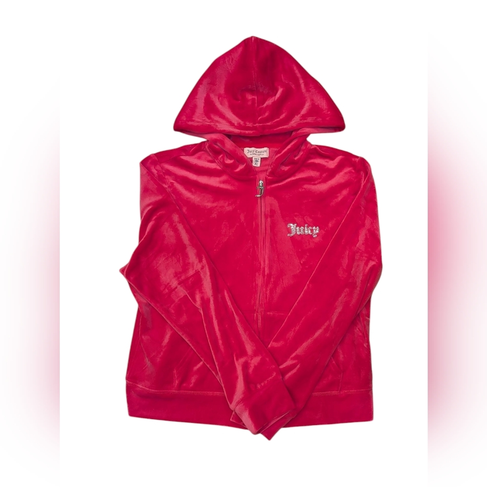 Juicy Couture Hot Pink Velour Cropped Hoodie XL Rhinestone Zip Sweatshirt Y2K